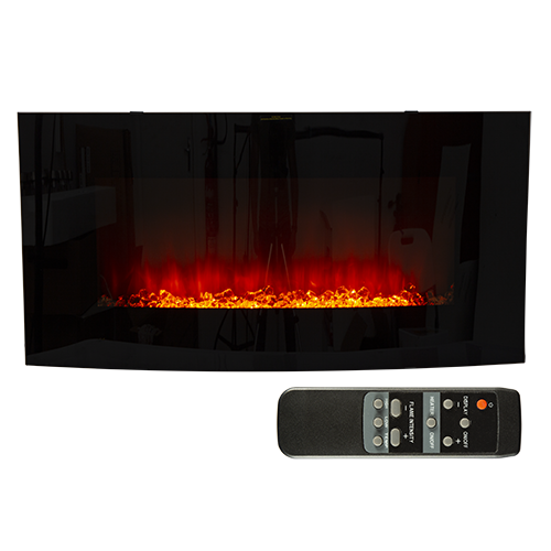 Radiant 1800W Curved Glass Electric Fireplace with Crystal Effect – Black