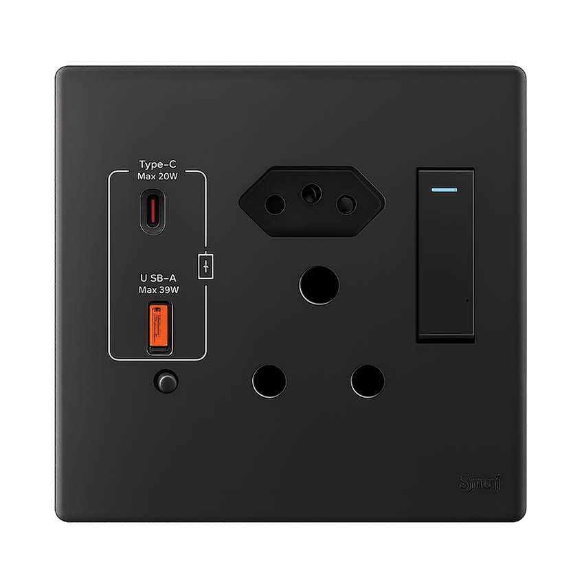 SYNERJI 4x4 RSA Double + 3 Pin Euro + 2x USB Socket (Matt Black)