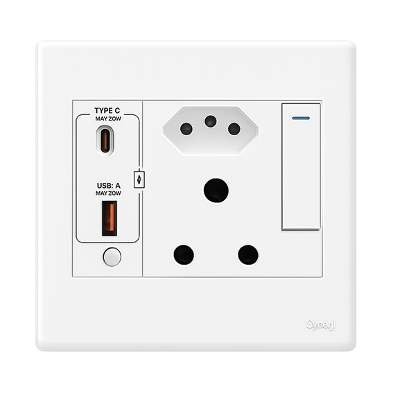 SYNERJI 4x4 RSA Double + 3 Pin Euro + 2x USB Socket (White)