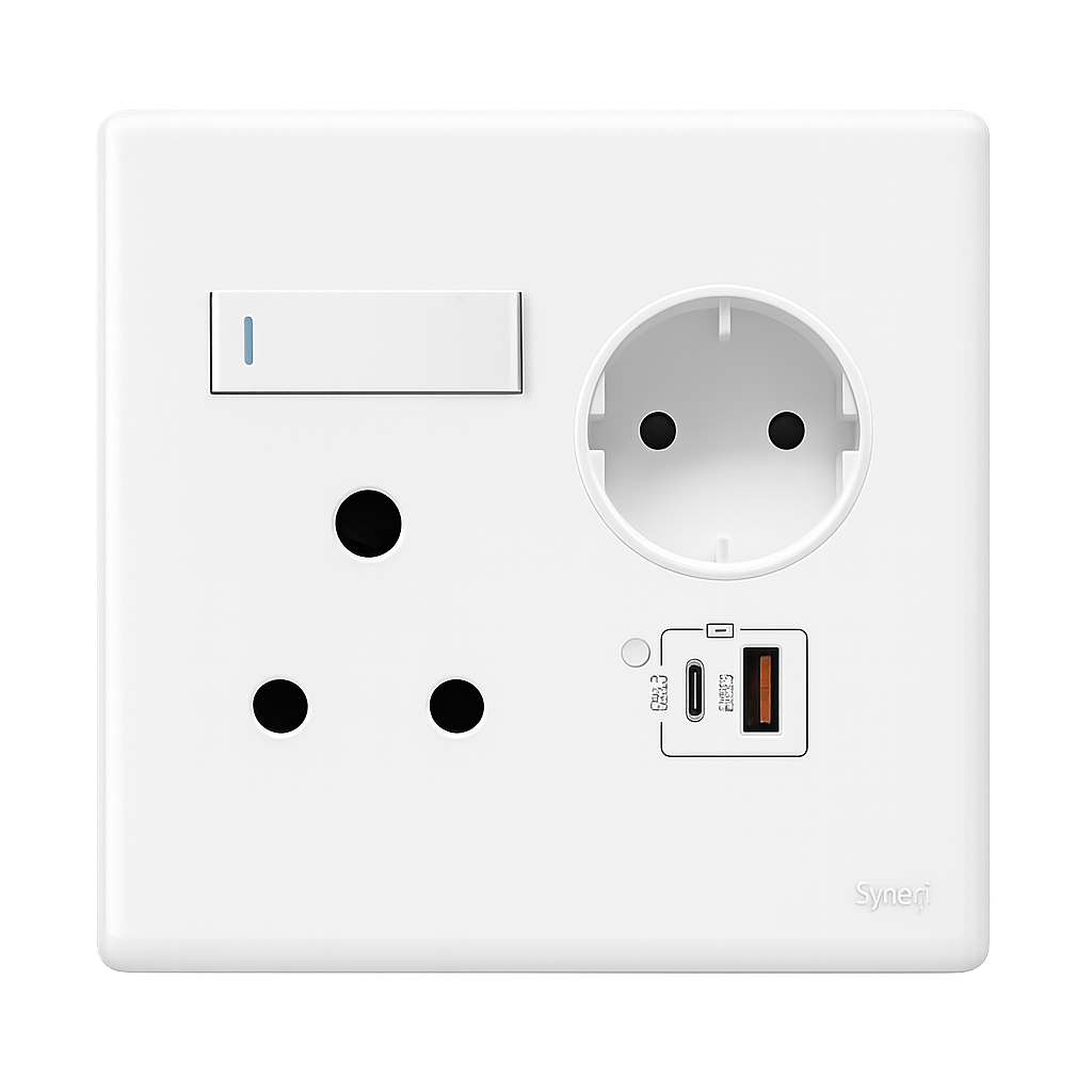 SYNERJI 4x4 RSA Double + Euro + Schuko + 2x USB Socket (White)