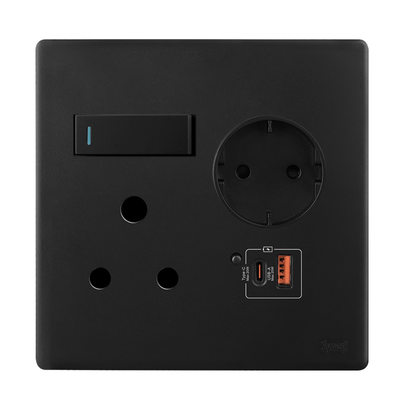 SYNERJI 4x4 RSA Double + Euro + Schuko + 2x USB Socket (Matt Black)